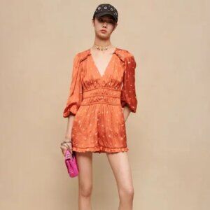 Maje Draped Orange Embroidered Romper